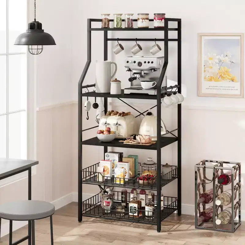 COZONY Scaffale da Cucina a 5 Livelli con Ripiani e Ganci, Struttura in Metallo per Microonde e Stazione Caffè