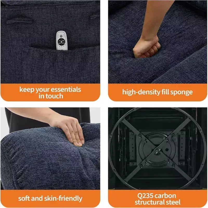 Fauteuil massant à bascule et inclinable pivotant à 360° avec fonction chauffante, fauteuil planeur en lin pour adultes, pochette latérale et 2 porte-gobelets – Confort pour le salon et la chambre à coucher