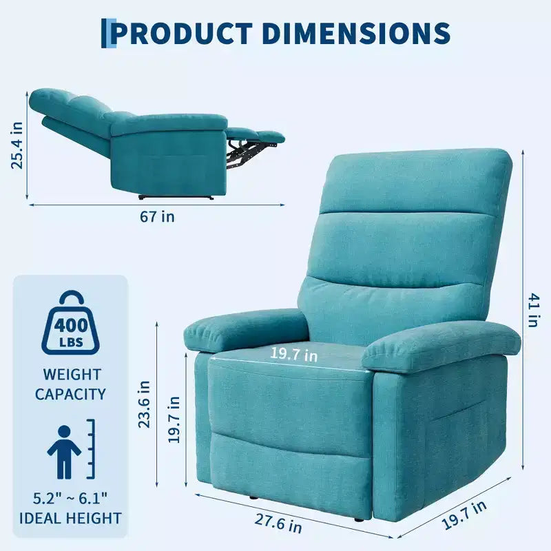 Fauteuil inclinable manuel pour adultes, fauteuil simple réglable en tissu avec pochette latérale et dossier ergonomique, idéal pour le salon, la chambre ou la chambre d'enfant.