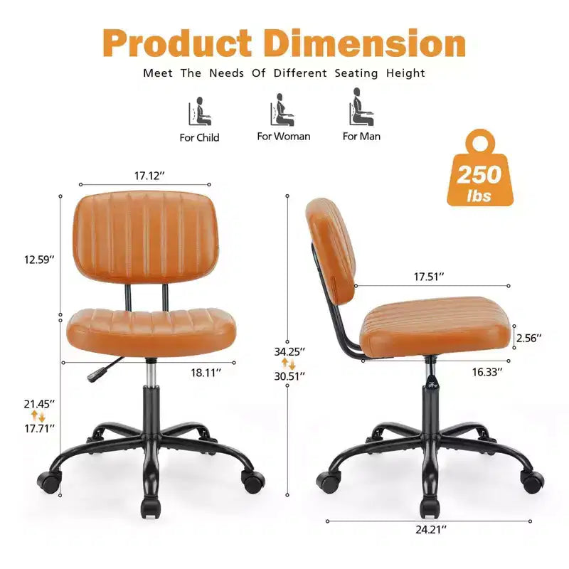 MAYEERTY Sedia da Ufficio Senza Braccioli in Pelle PU Girevole a 360° Regolabile in Altezza 17.71-21.45