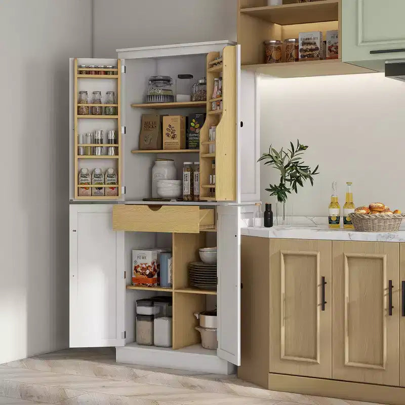 Mobile dispensa da cucina da 72", 5 ripiani, 8 portaspezie e cassetto, bianco