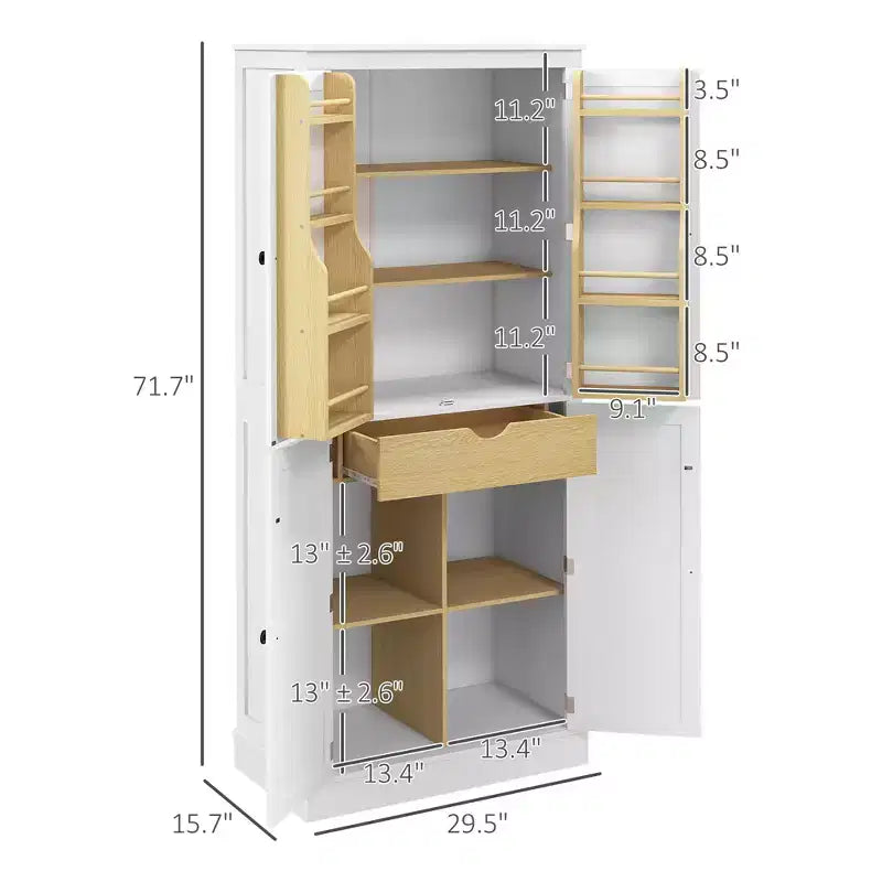 Mobile dispensa da cucina da 72", 5 ripiani, 8 portaspezie e cassetto, bianco