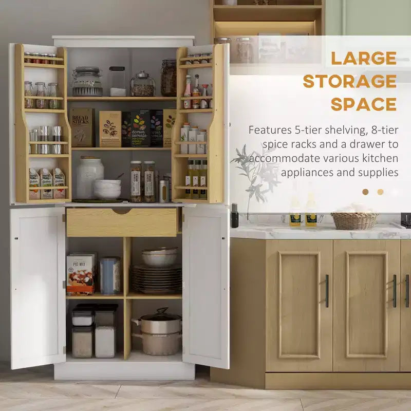 Mobile dispensa da cucina da 72", 5 ripiani, 8 portaspezie e cassetto, bianco