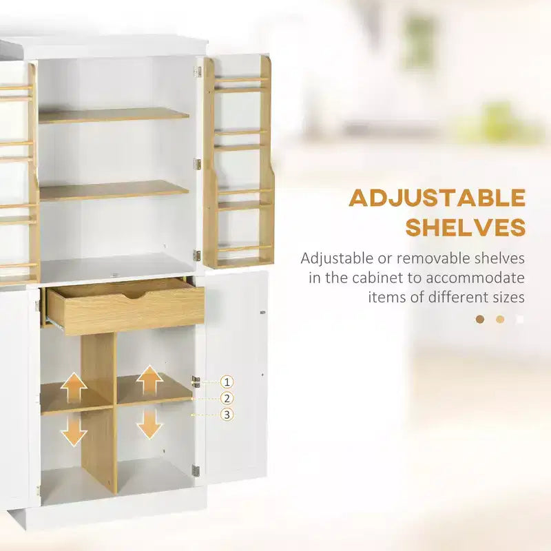 Mobile dispensa da cucina da 72", 5 ripiani, 8 portaspezie e cassetto, bianco