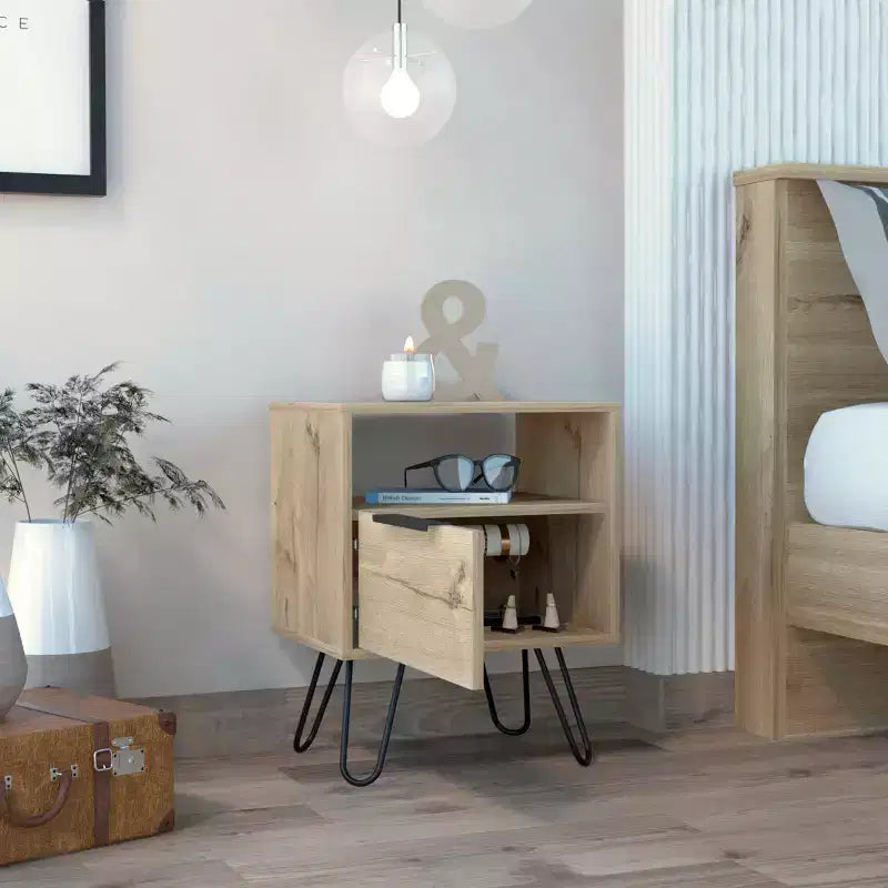 Comodino a 2 livelli rustico con gambe a forcina, MDF, marrone, salvaspazio