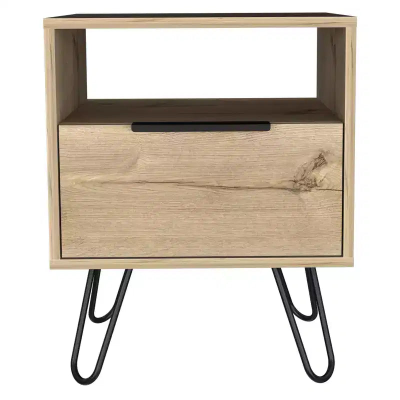 Comodino a 2 livelli rustico con gambe a forcina, MDF, marrone, salvaspazio