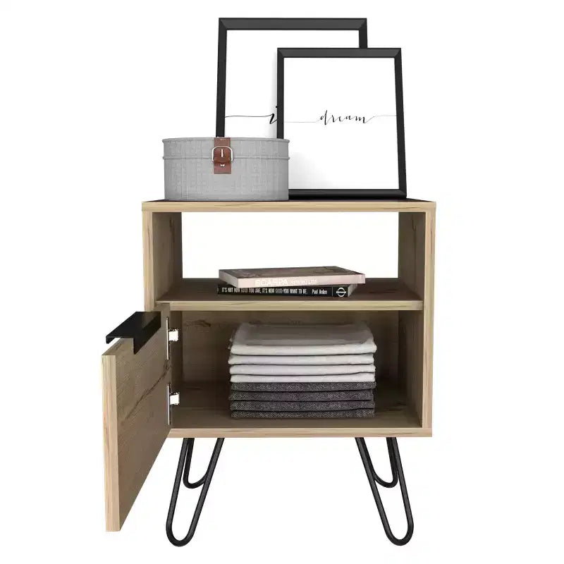 Comodino a 2 livelli rustico con gambe a forcina, MDF, marrone, salvaspazio