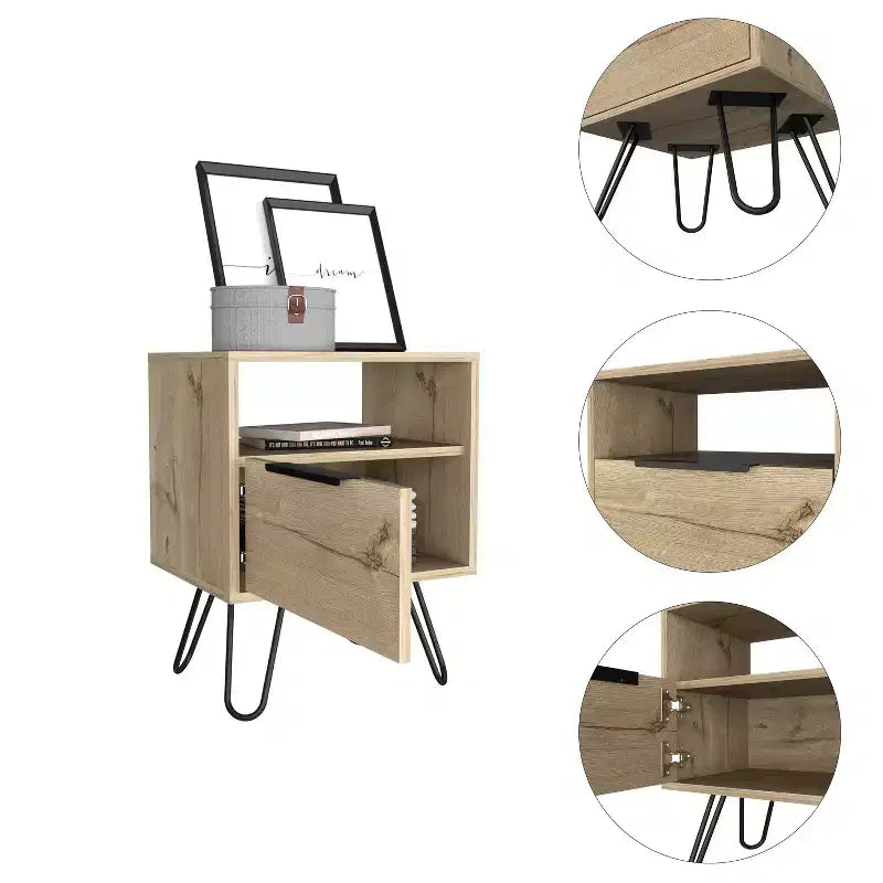 Comodino a 2 livelli rustico con gambe a forcina, MDF, marrone, salvaspazio