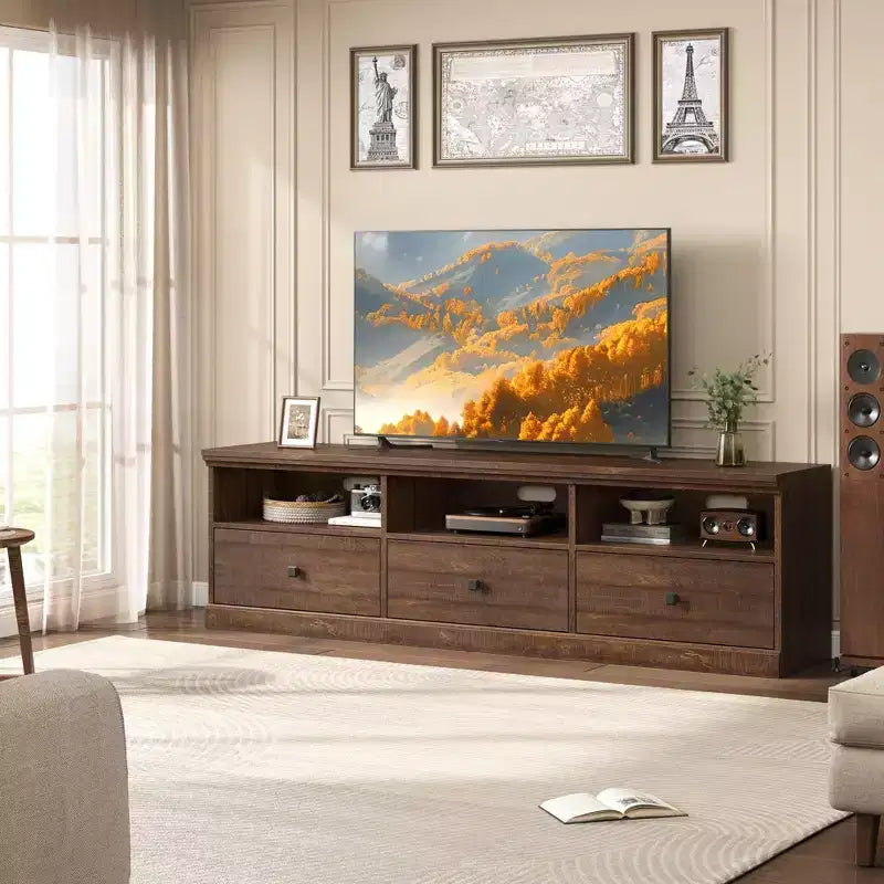 Mobile porta TV da 70" per televisori fino a 80", mobile TV moderno di metà secolo con cassetti e ripiani