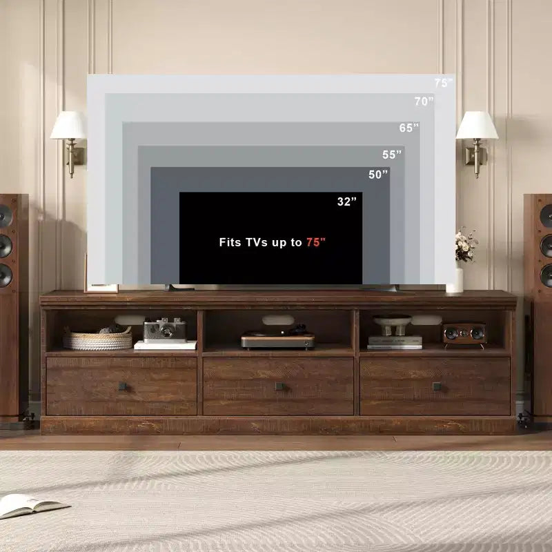 Mobile porta TV da 70" per televisori fino a 80", mobile TV moderno di metà secolo con cassetti e ripiani
