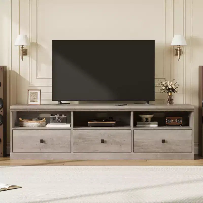 Mobile porta TV da 70" per televisori fino a 80", mobile TV moderno di metà secolo con cassetti e ripiani