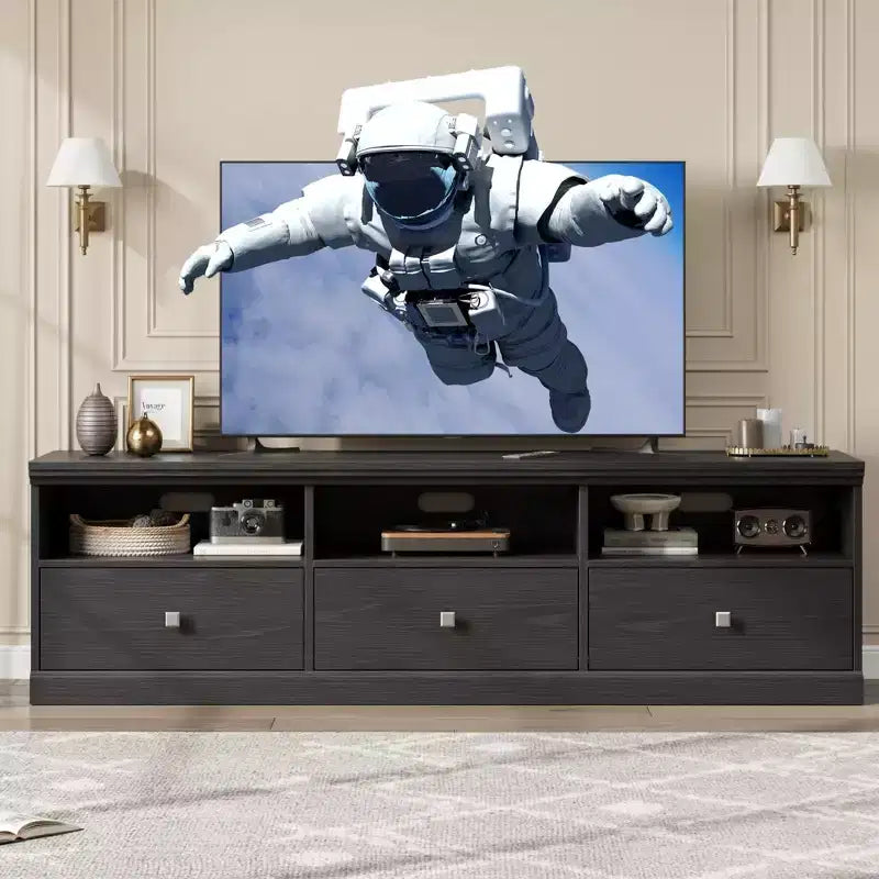 Mobile porta TV da 70" per televisori fino a 80", mobile TV moderno di metà secolo con cassetti e ripiani