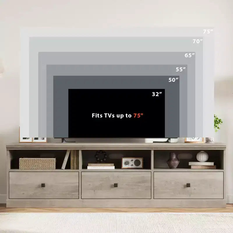 Mobile porta TV da 70" per televisori fino a 80", mobile TV moderno di metà secolo con cassetti e ripiani