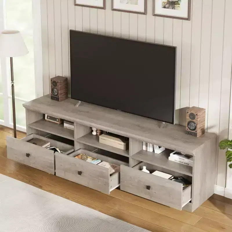 Mobile porta TV da 70" per televisori fino a 80", mobile TV moderno di metà secolo con cassetti e ripiani