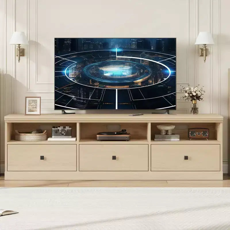 Mobile porta TV da 70" per televisori fino a 80", mobile TV moderno di metà secolo con cassetti e ripiani