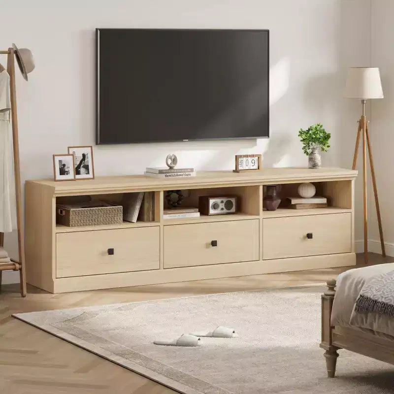 Mobile porta TV da 70" per televisori fino a 80", mobile TV moderno di metà secolo con cassetti e ripiani