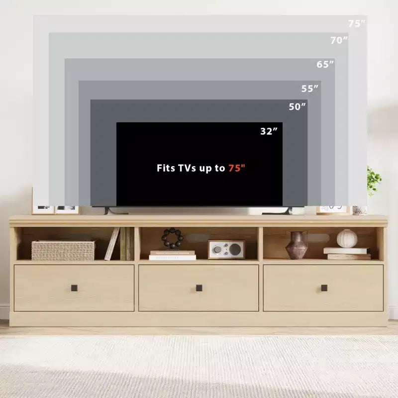 Mobile porta TV da 70" per televisori fino a 80", mobile TV moderno di metà secolo con cassetti e ripiani