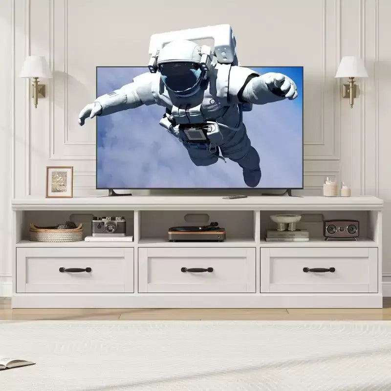 Mobile porta TV da 70" per televisori fino a 80", mobile TV moderno di metà secolo con cassetti e ripiani
