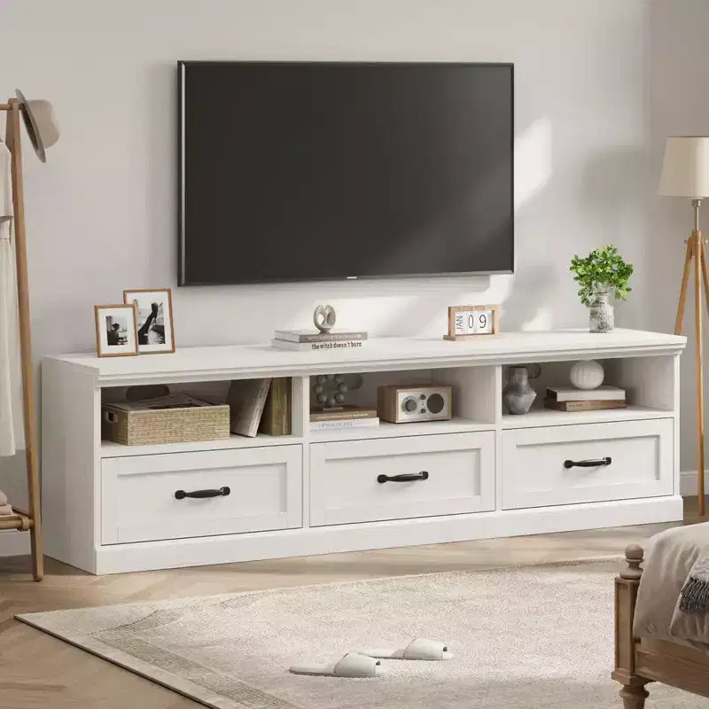 Mobile porta TV da 70" per televisori fino a 80", mobile TV moderno di metà secolo con cassetti e ripiani