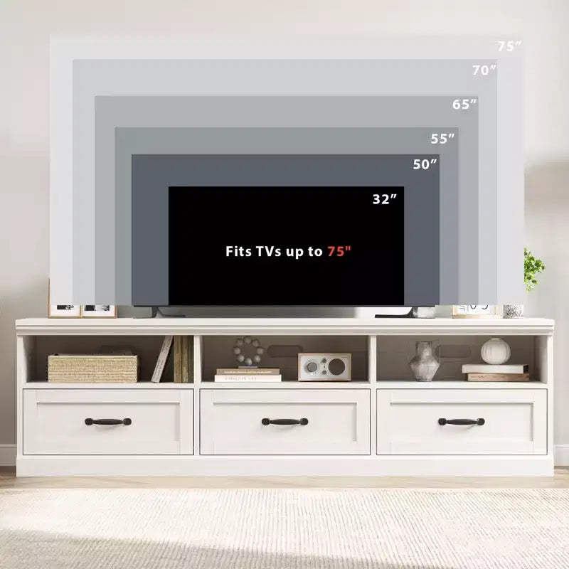 Mobile porta TV da 70" per televisori fino a 80", mobile TV moderno di metà secolo con cassetti e ripiani
