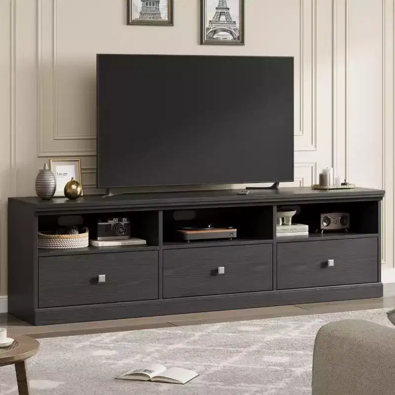 70in TV Stand for TVs up to 80, Mid Century Modern Entertainment Center with Storage Drawer and Open Shelves, TV Console Media Cabinet for Bedroom