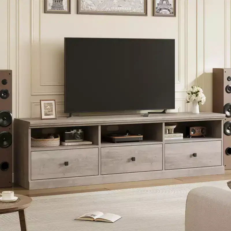 Mobile porta TV da 70" per televisori fino a 80", mobile TV moderno di metà secolo con cassetti e ripiani