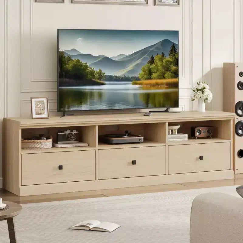 Mobile porta TV da 70" per televisori fino a 80", mobile TV moderno di metà secolo con cassetti e ripiani