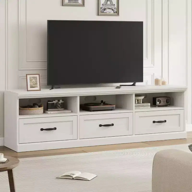 Mobile porta TV da 70" per televisori fino a 80", mobile TV moderno di metà secolo con cassetti e ripiani
