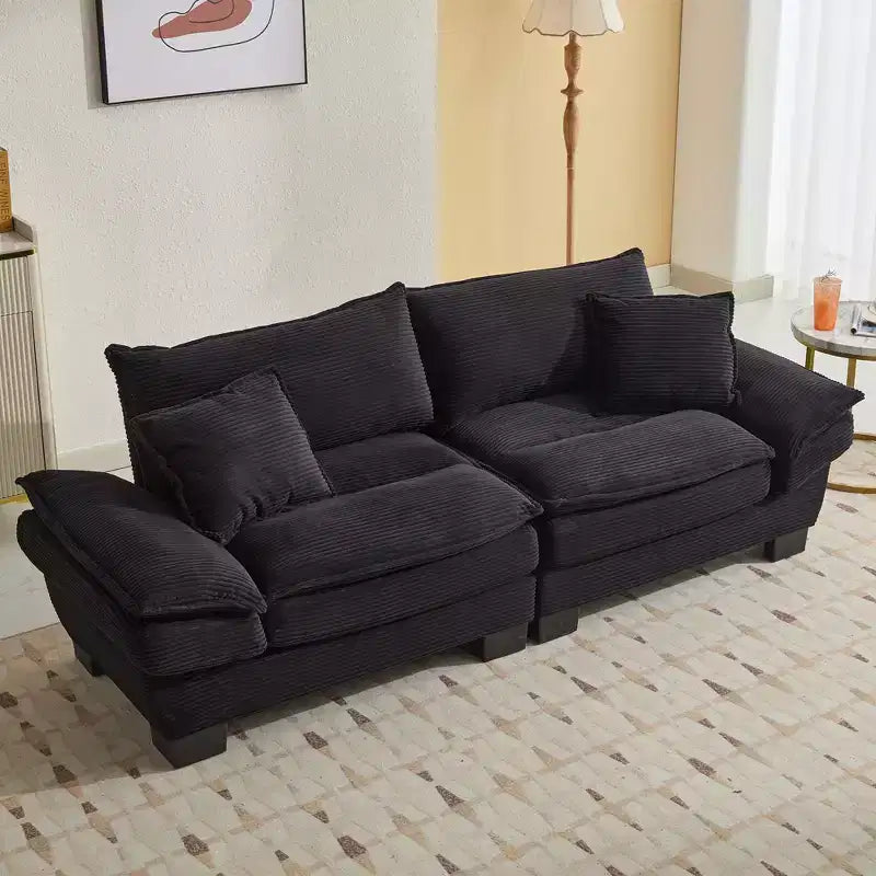 Divanetto in velluto a costine imbottito con seduta profonda e cuscini, nero, 84"