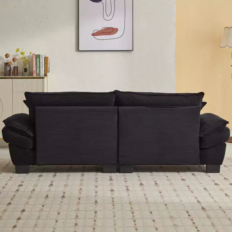 Divanetto in velluto a costine imbottito con seduta profonda e cuscini, nero, 84"
