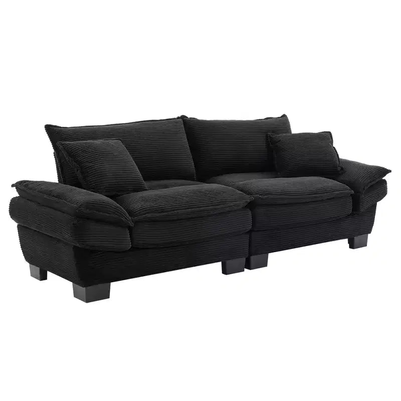 Divanetto in velluto a costine imbottito con seduta profonda e cuscini, nero, 84"