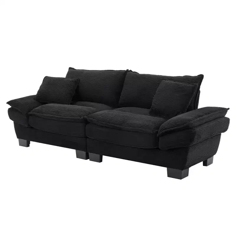 Divanetto in velluto a costine imbottito con seduta profonda e cuscini, nero, 84"