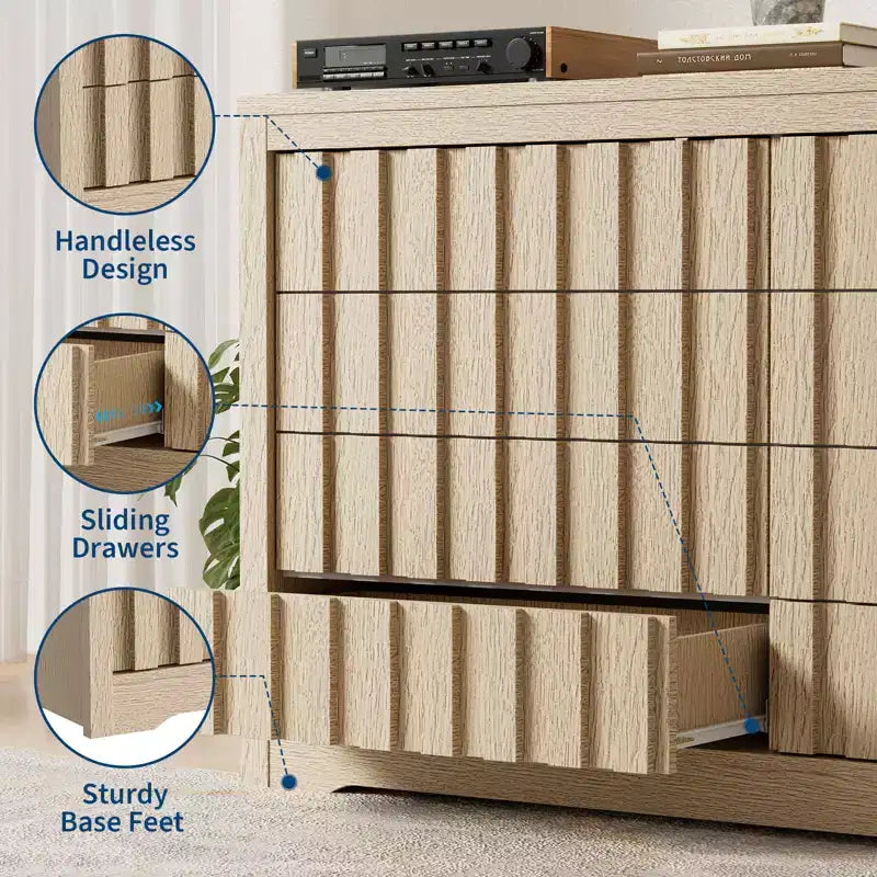 Cassettiera Scanalata per Camera da Letto, Cassettiera Moderna senza Maniglie, in Legno, 8 Ante