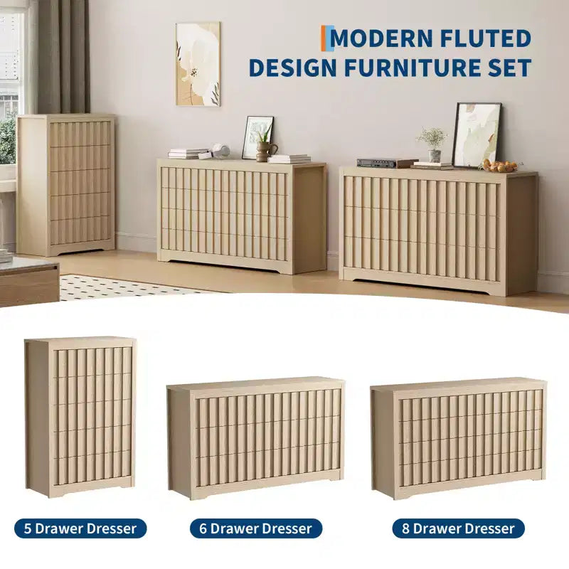 Cassettiera Scanalata per Camera da Letto, Cassettiera Moderna senza Maniglie, in Legno, 8 Ante
