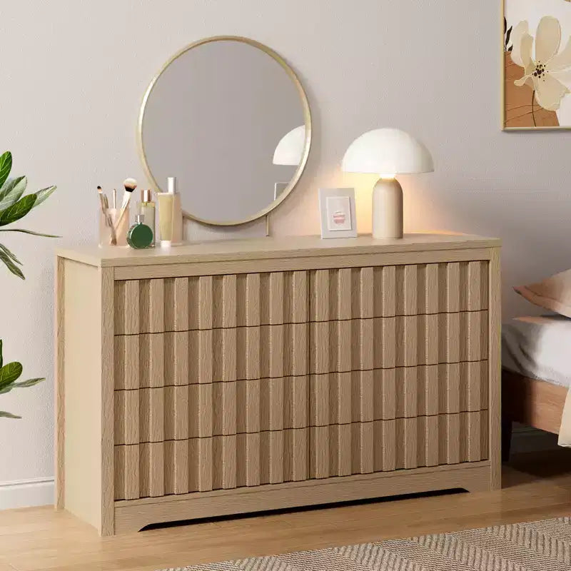 Cassettiera Scanalata per Camera da Letto, Cassettiera Moderna senza Maniglie, in Legno, 8 Ante