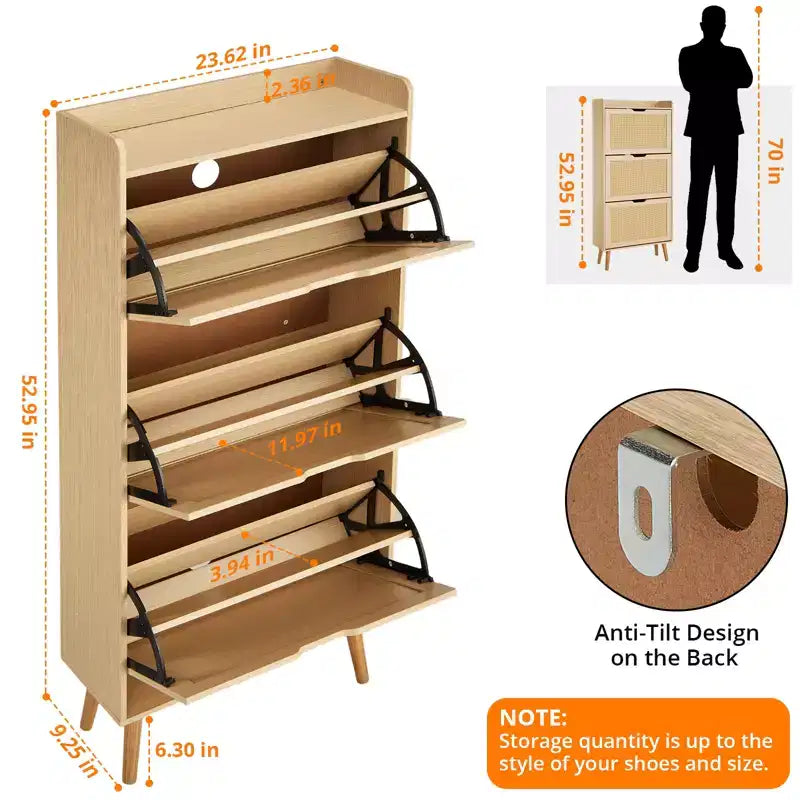 Scarpiera Nascosta con 3 Sportelli a Ribalta in Rattan e Design Anti-Ribaltamento, Mobile Scarpiera per Ingresso, Corridoio, per 15-20 Paia di Scarpe