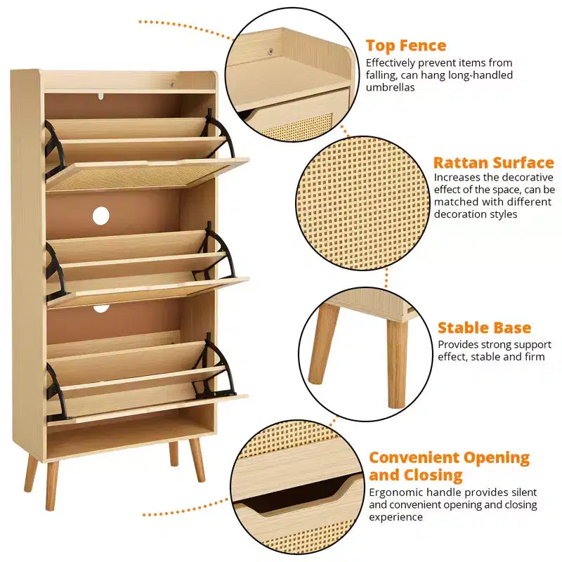 Scarpiera Nascosta con 3 Sportelli a Ribalta in Rattan e Design Anti-Ribaltamento, Mobile Scarpiera per Ingresso, Corridoio, per 15-20 Paia di Scarpe