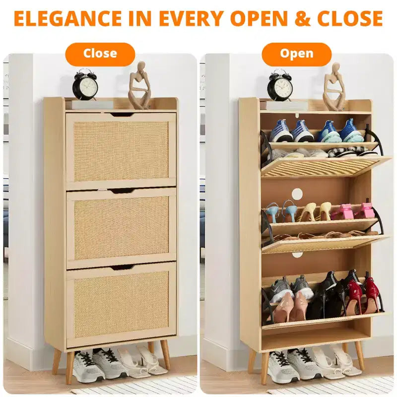 Scarpiera Nascosta con 3 Sportelli a Ribalta in Rattan e Design Anti-Ribaltamento, Mobile Scarpiera per Ingresso, Corridoio, per 15-20 Paia di Scarpe