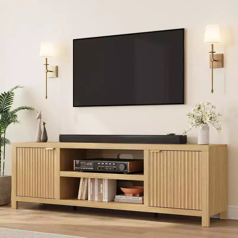 Meuble TV de rangement, meuble console média en bois avec portes ondulées et poignées dorées, adapté au salon et à la chambre à coucher
