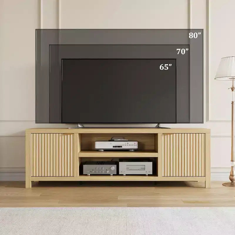 Meuble TV de rangement, meuble console média en bois avec portes ondulées et poignées dorées, adapté au salon et à la chambre à coucher