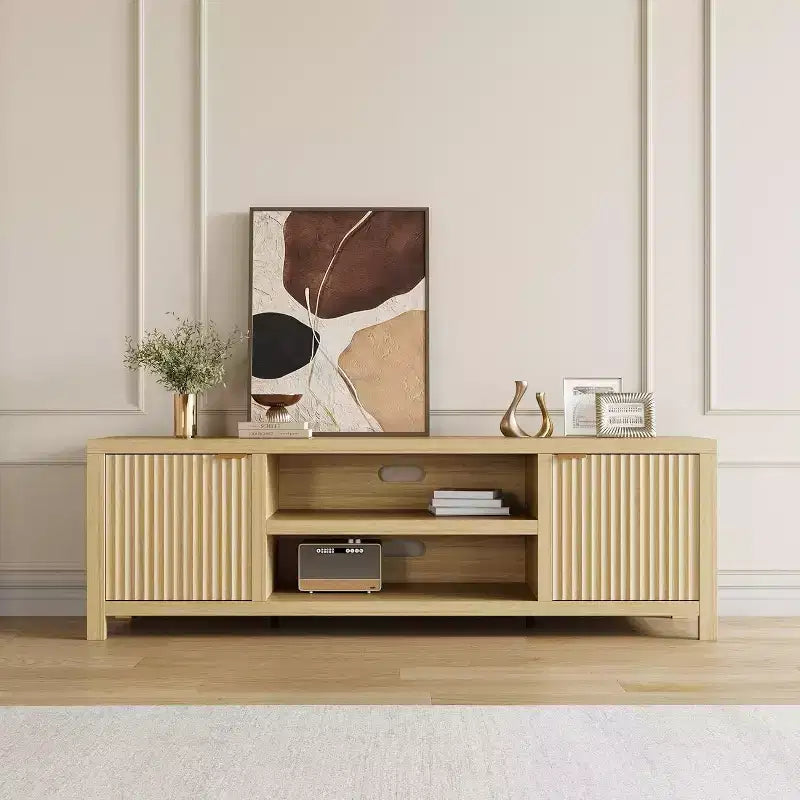 Meuble TV de rangement, meuble console média en bois avec portes ondulées et poignées dorées, adapté au salon et à la chambre à coucher