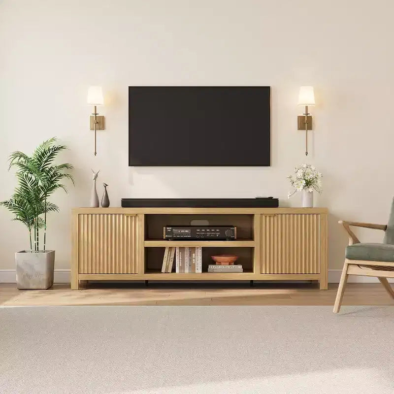 Meuble TV de rangement, meuble console média en bois avec portes ondulées et poignées dorées, adapté au salon et à la chambre à coucher