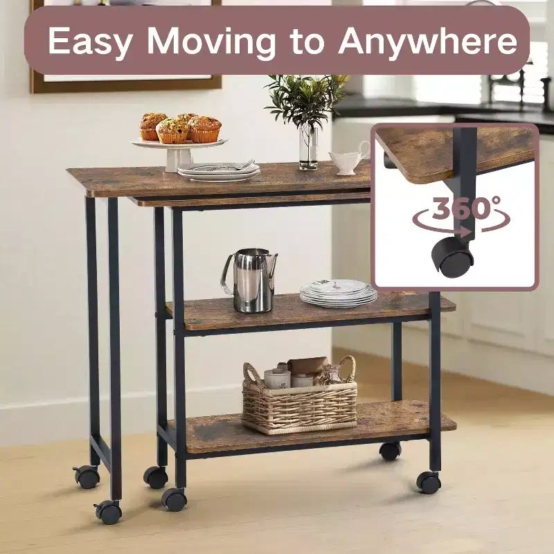 FurnitureR Carrello da Cucina Girevole con Ruote Bloccabili, Scaffali Portaoggetti a 3 Livelli, Tavolino da Salotto Regolabile a 360 Gradi per Ufficio, Piccoli Spazi