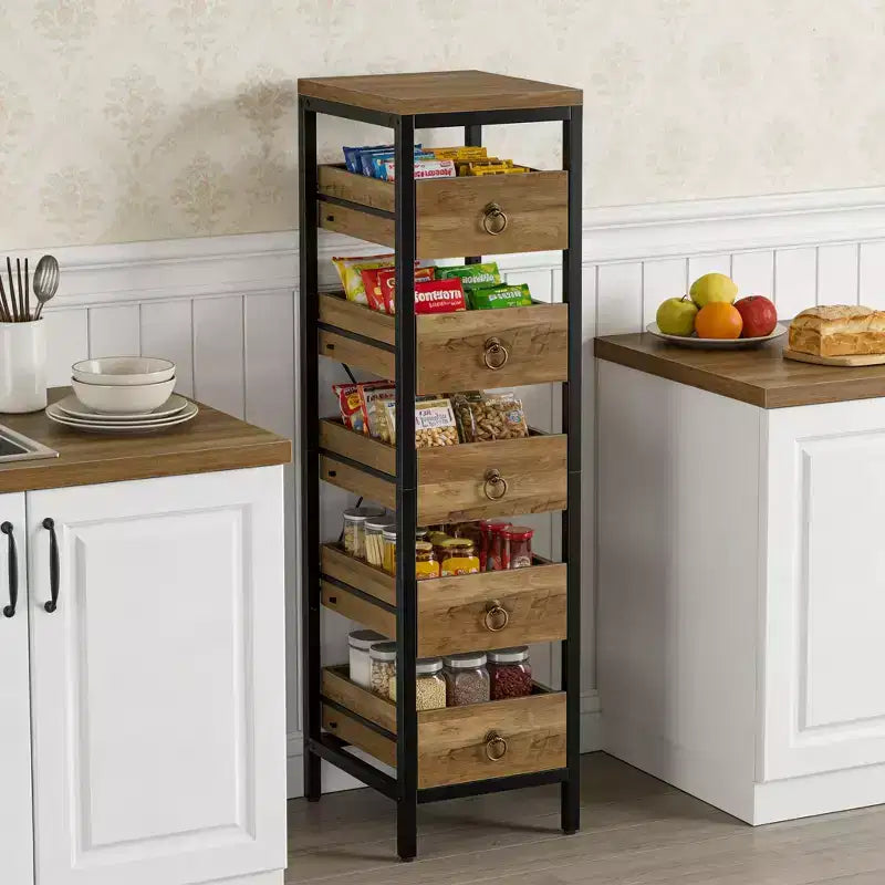 Organizzatore da cucina a 5 ripiani con cassetti estraibili, scaffale stretto per dispensa e snack per appartamento, bagno