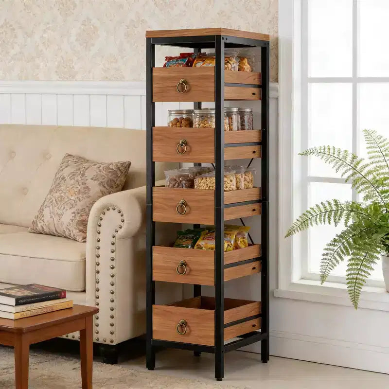 Organizzatore da cucina a 5 ripiani con cassetti estraibili, scaffale stretto per dispensa e snack per appartamento, bagno