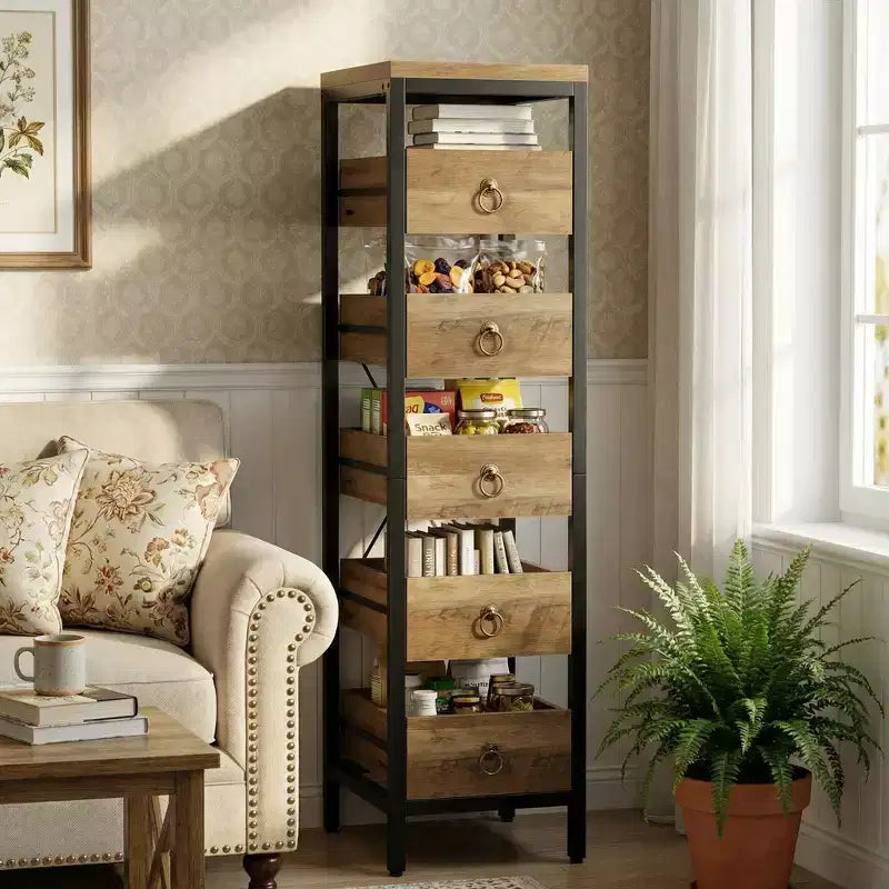 Organizzatore da cucina a 5 ripiani con cassetti estraibili, scaffale stretto per dispensa e snack per appartamento, bagno