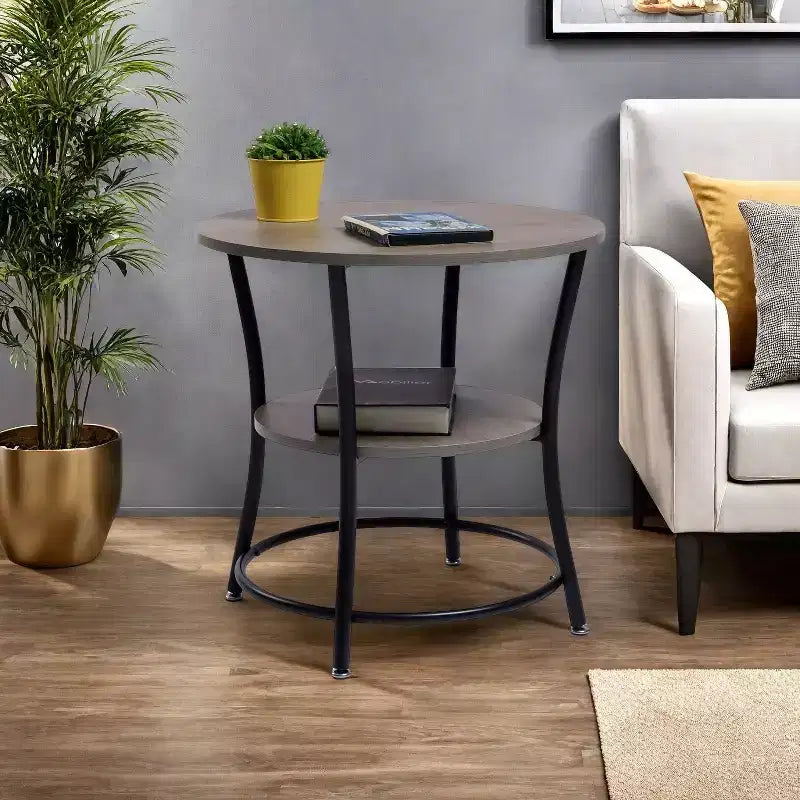Tavolino Rotondo a 2 Livelli, Tavolino d'Appoggio da 55 cm, Piano in MDF, Struttura in Metallo Nero