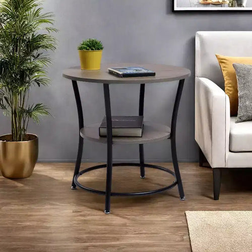 Tavolino Rotondo a 2 Livelli, Tavolino d'Appoggio da 55 cm, Piano in MDF, Struttura in Metallo Nero