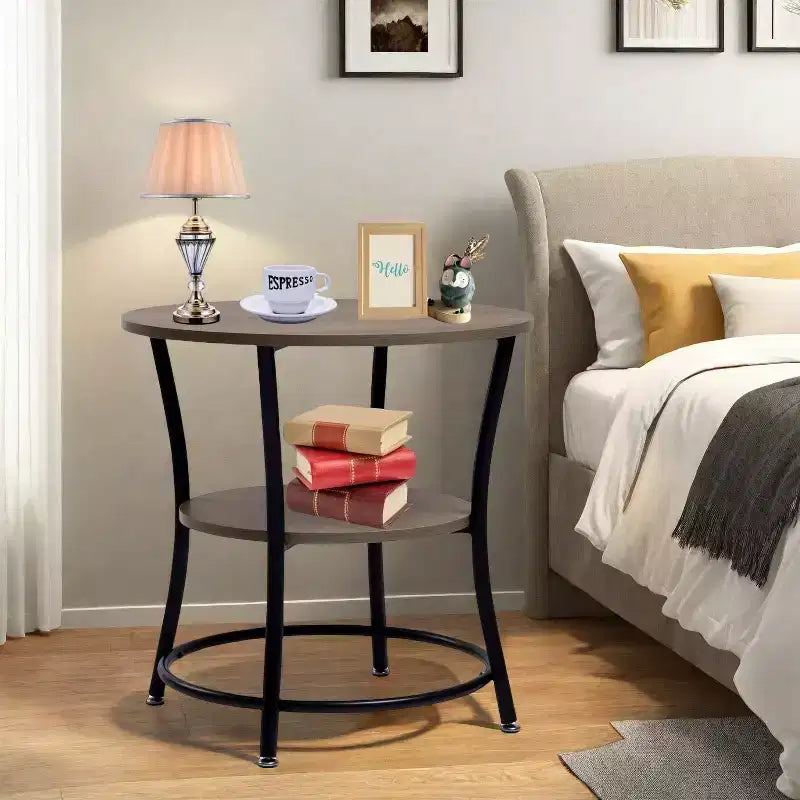 Tavolino Rotondo a 2 Livelli, Tavolino d'Appoggio da 55 cm, Piano in MDF, Struttura in Metallo Nero