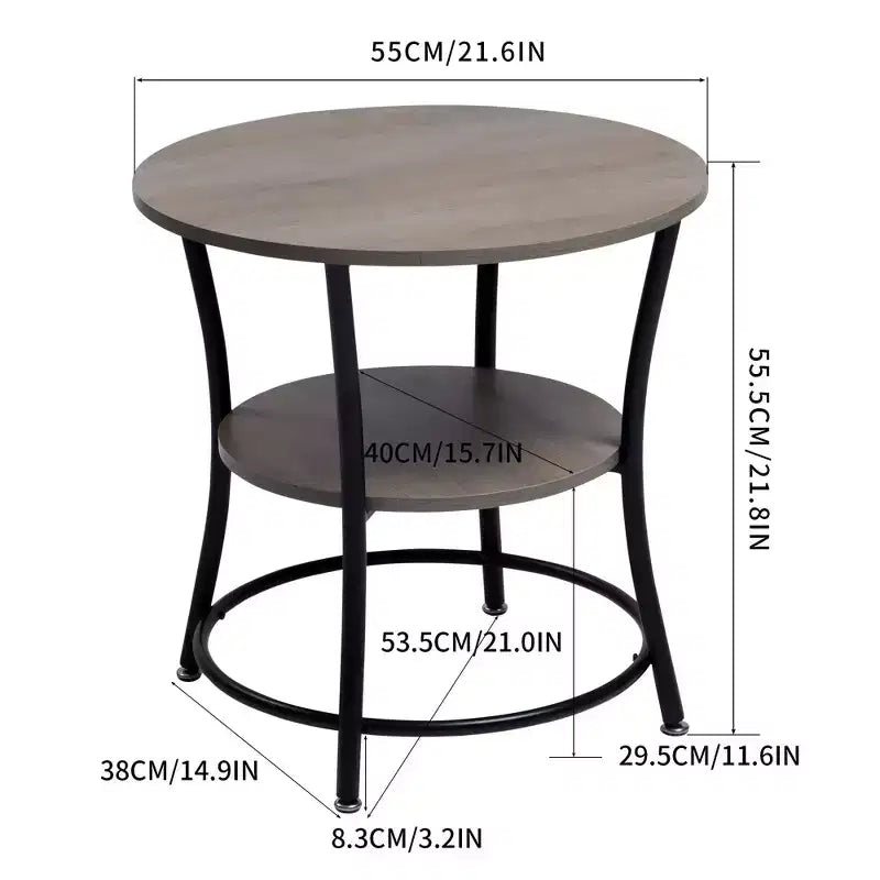 Tavolino Rotondo a 2 Livelli, Tavolino d'Appoggio da 55 cm, Piano in MDF, Struttura in Metallo Nero